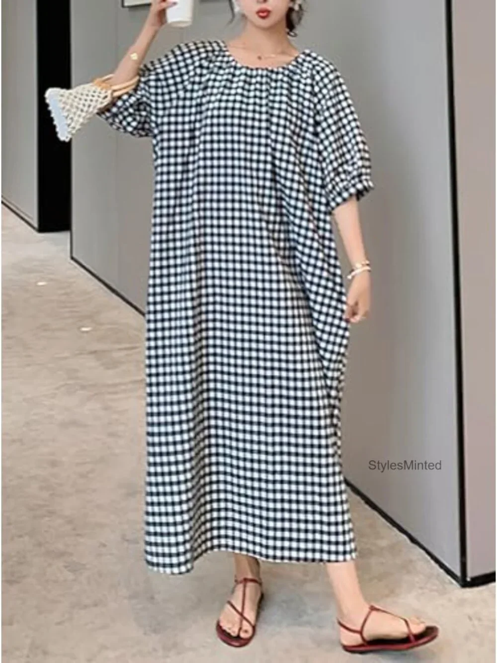 Women's Cotton Loose-Fit Swing Midi Dress Gingham Plaid Puff Sleeve Bow Back